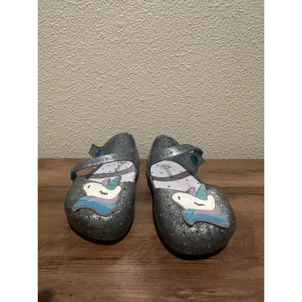 Cat & Jack Blue Glitter Unicorn Jelly Girl Flats Size 10